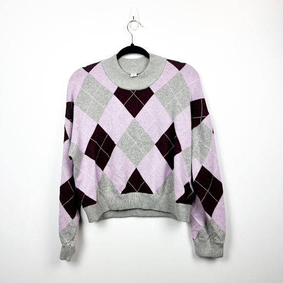 Simons Sweaters - Twik by Simon's Long Sleeve Purple & Grey Argyle Patterned Sweater
